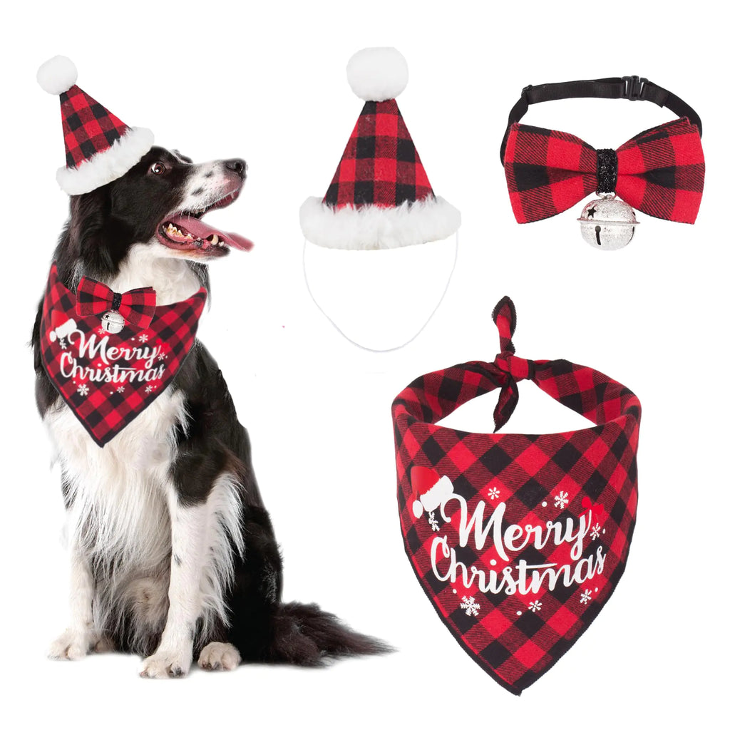 ADOGGYGO Christmas Dog Bandana Hat Bowtie Red Plaid Dog Christma Bandana Triangle Dog Scarf Dog Christmas Outfit Costume Accessories for Small Medium Large and X-Large Dogs Pets (Small Red)